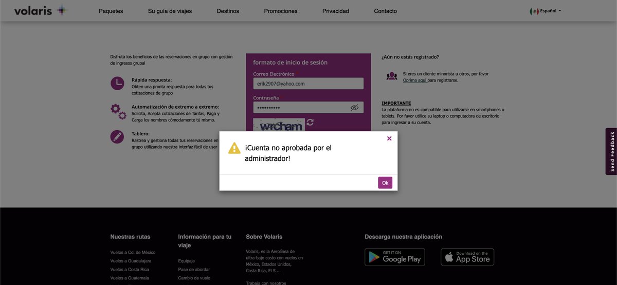 ErikDoubleA's tweet photo. #volaris @viajaVolaris cada vez que intento a ingresar a mi cuenta de grupos, me sale este error. Como puedo entrar a mi cuenta?

"¡Cuenta no aprobada por el administrador!" https://t.co/a9cb9qbgn5