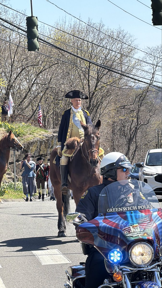tim_armstrong's tweet photo. George Washington rode through Greenwich April 12th 1776 - reenactment happened today. People broke out in song. I love America. All of it.  Incredible journey for 250 years with all the ups and downs - but the ideas and progress have changed the world. https://t.co/rUiapShB3w