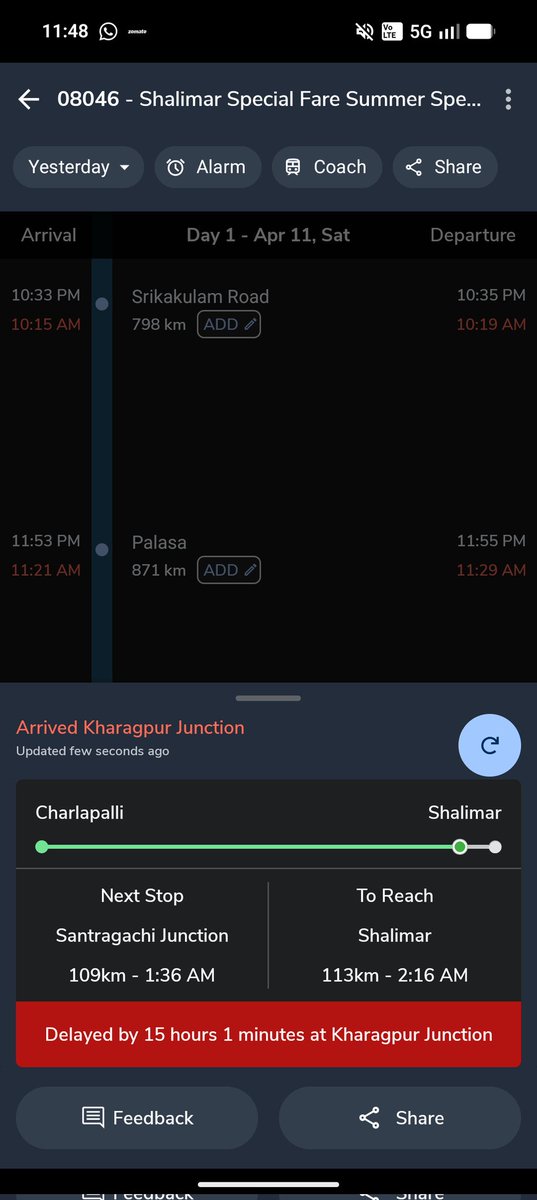 JOYDIPMAHA85552's tweet photo. Train no. 08046 (Shalimar Special) is delayed by more than 15 hours at Kharagpur Junction. This is extremely frustrating for passengers. No proper updates or facilities provided. Kindly take immediate action. @RailMinIndia @IrctcO72437 #TrainDelay #IndianRailways https://t.co/LElX9EF7RZ