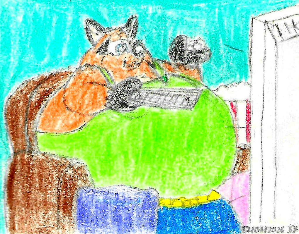 With such a big TV and big snacks, it seems Roocan may need a bigger sofa here; also, it would seem that while he'd struggle to find a shirt that's big enough now, his overalls still seem to fit him. Anyway, I guess I kind of didn't want to use anything too fancy to draw this.