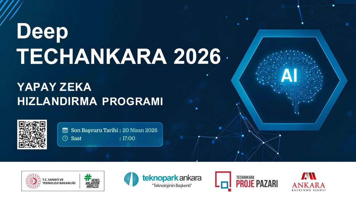 ankaraka's tweet photo. 🚀 Deep TechAnkara 2026 Başvuruları Devam Ediyor!

Deep TechAnkara 2026 Yılı Yapay Zekâ Hızlandırma Programı; ürününü geliştirmiş ve satış gerçekleştirmiş yapay zekâ tabanlı girişimlerin büyüme süreçlerini hızlandırmayı ve yatırım süreçlerine hazırlamayı amaçlamaktadır.

📅 Son başvuru tarihi: 20 Nisan 2026
⏰ Saat: 17.00

Program kapsamında:
💰 250.000 USD’ye kadar yatırım fırsatı
🎯 1.000.000 TL’ye kadar ayni ödül ve destek imkânı
Başvuru ve detaylı bilgi için:
🌐 https://t.co/p1eu7S3gCc

#DeepTechAnkara #YapayZeka #Girişimcilik #Startup #Teknoloji #Yatırım  #İnovasyon
@TCSanayi @KalkinmaAjansGM