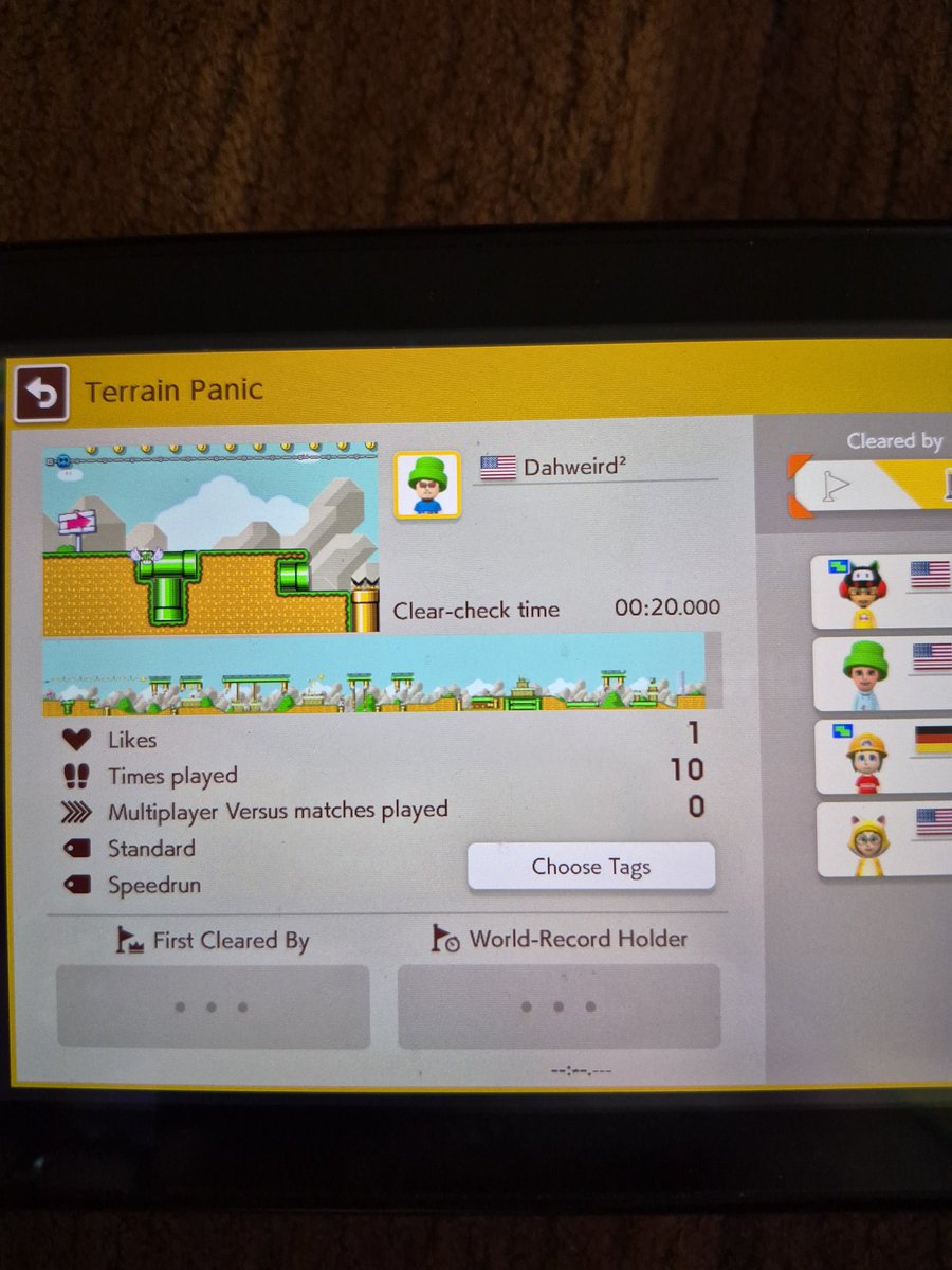 Dahweirdacus's tweet photo. Terrain Panic
S27-40D-V1G
A fun but difficult speedrun that has a crazy tight timer. So tight, I didn't realize my clear check time was on the dot: 00:20:000
@Lil__Gordo has been grinding it, but no success. He requested a clear video. Here it is!
#SuperMarioMaker2 #TeamPipe https://t.co/K48y0rcQAv