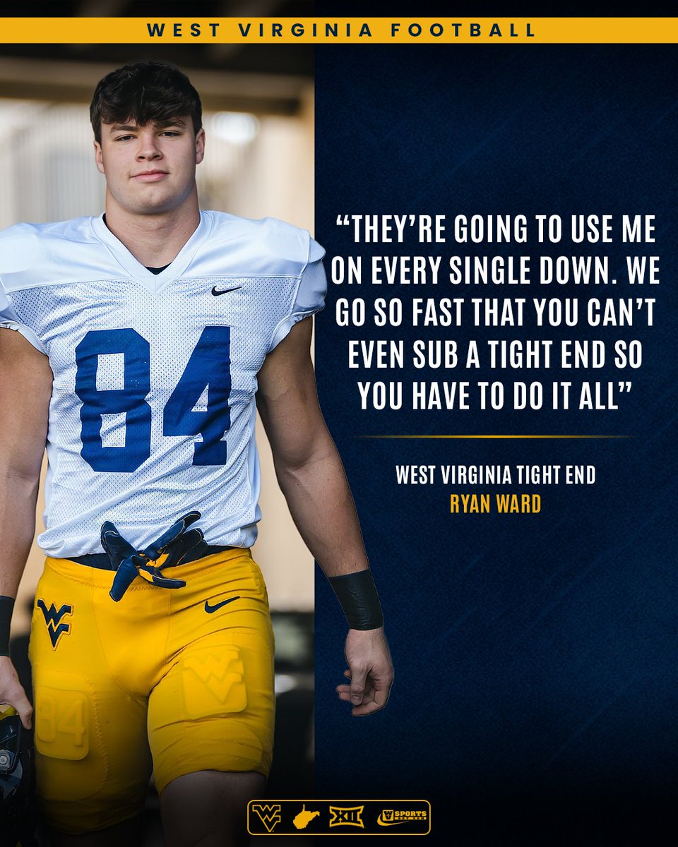 WVSportsDotCom's tweet photo. NEW: Ryan Ward’s role at #WVU keeps growing.

The tight end has gone from newcomer to leader in his room as he embraces a bigger role in the Mountaineers offense.

Read ▶️ https://t.co/n9UcBikMng https://t.co/jyoFE54b0V