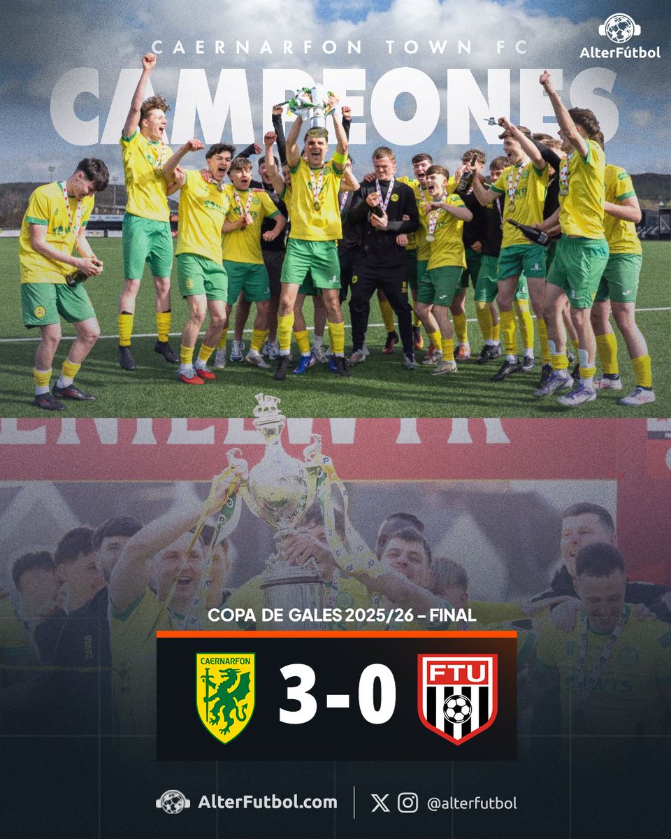 🏆🏴󠁧󠁢󠁷󠁬󠁳󠁿 EL CAERNARFON TOWN ES CAMPEÓN DE LA COPA DE GALES Y GANA EL PRIMER TITULO EN 89 AÑOS DE HISTORIA

El equipo fundado en 1937 se impuso por 3 a 0 ante Flint United en la final. Esta fue la edición número 137 de la Copa de Gales, uno de los torneos mas antiguos del fútbol.
