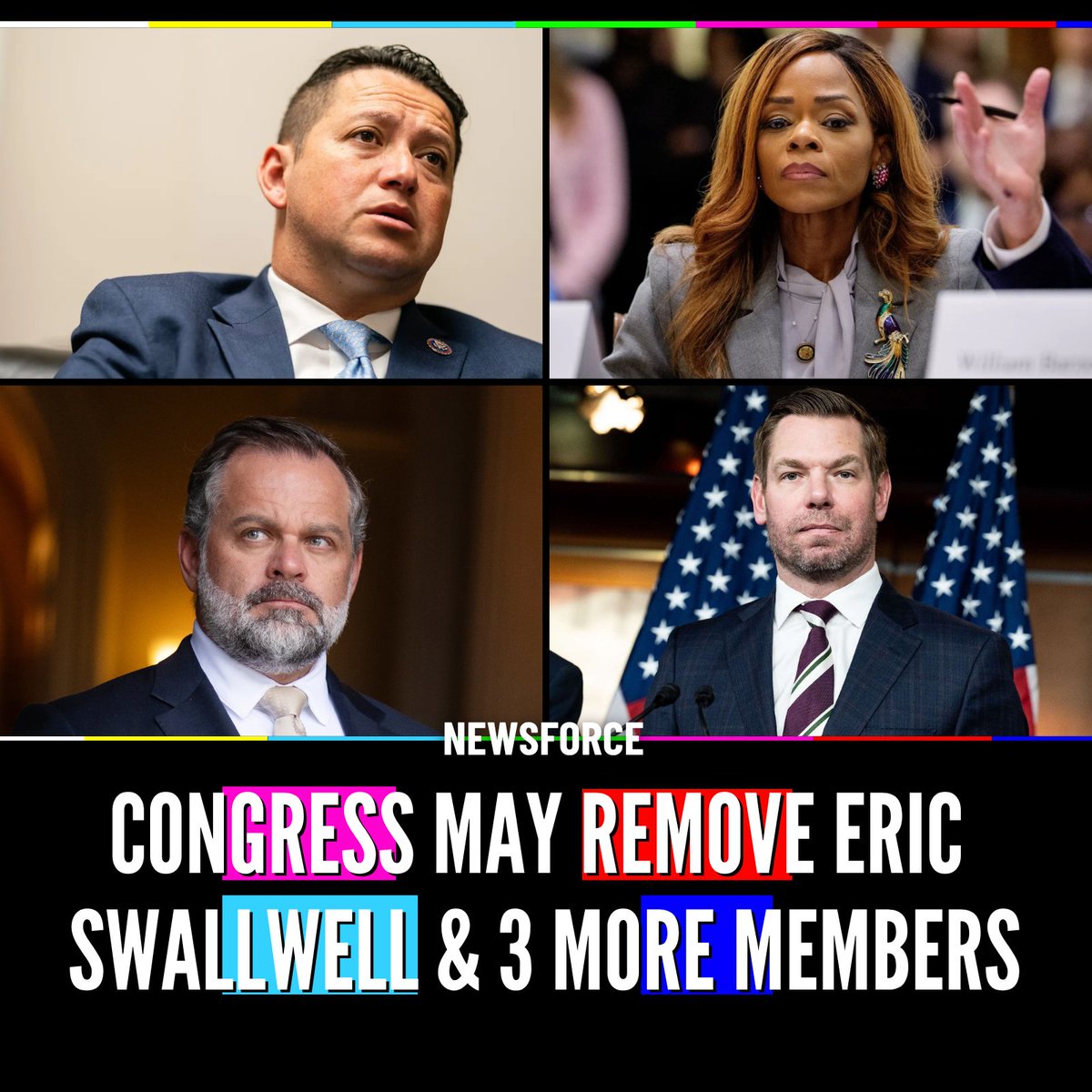 Newsforce's tweet image. 🇺🇸CONGRESS MIGHT EXPEL ERIC SWALWELL AND 3 MORE MEMBERS THIS WEEK

2 Democrats and 2 Republicans could be booted by the House of Representatives because of a motion for removal initiated by FL Rep. Anna Paulina Luna.

Reps. Swalwell (D-CA), Sheila Cherfilus-McCormick (D-FL), Cory