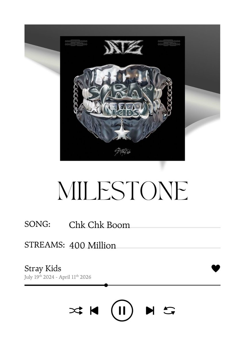 STAYonAIR2503's tweet photo. 💥 NEW MILESTONE ALERT 💥

Stray Kids’ “Chk Chk Boom” has officially surpassed 400 MILLION streams on Spotify! 🔥
It’s their 3rd track to hit this mark 🎉

STAY, this is all thanks to YOU ❤️
Join us on STAYonAIR and let’s keep making history together! 🎶

📻 https://t.co/Q9z7U94YdG

STAYonAIR Team ❤️

@Stray_Kids #StrayKids #스트레이키즈 #Spotify