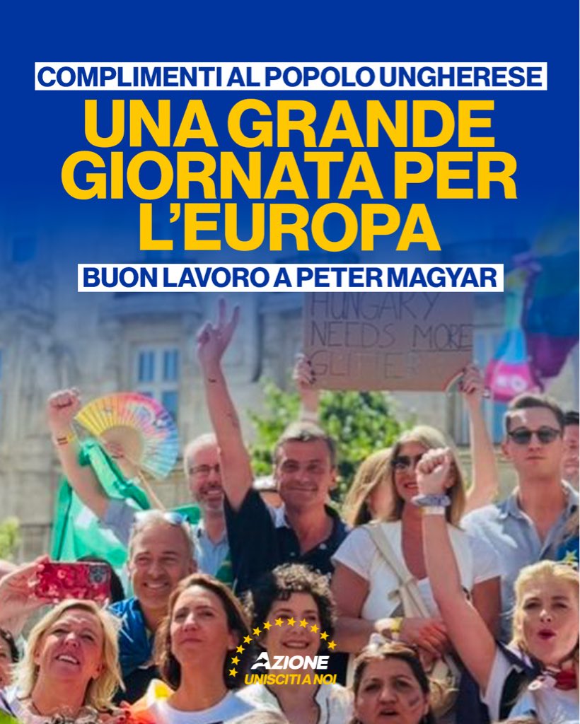CarloCalenda's tweet image. Una grande giornata per l’Europa e per chi vuole tenere la Russia lontana da noi! Complimenti a #Magyar e al popolo ungherese. Avanti.