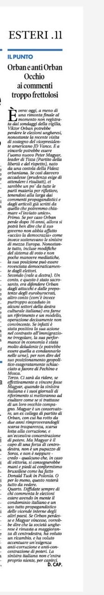Chi legge Il Tempo arriva prima. Ecco il mio commento di stamattina sul voto in Ungheria. Perde Orban (bene), ma vince comunque un leader di centrodestra (molto bene). I saltelli e i festeggiamenti della sinistra italiana sono insensati e ridicoli: propaganda per gonzi.
