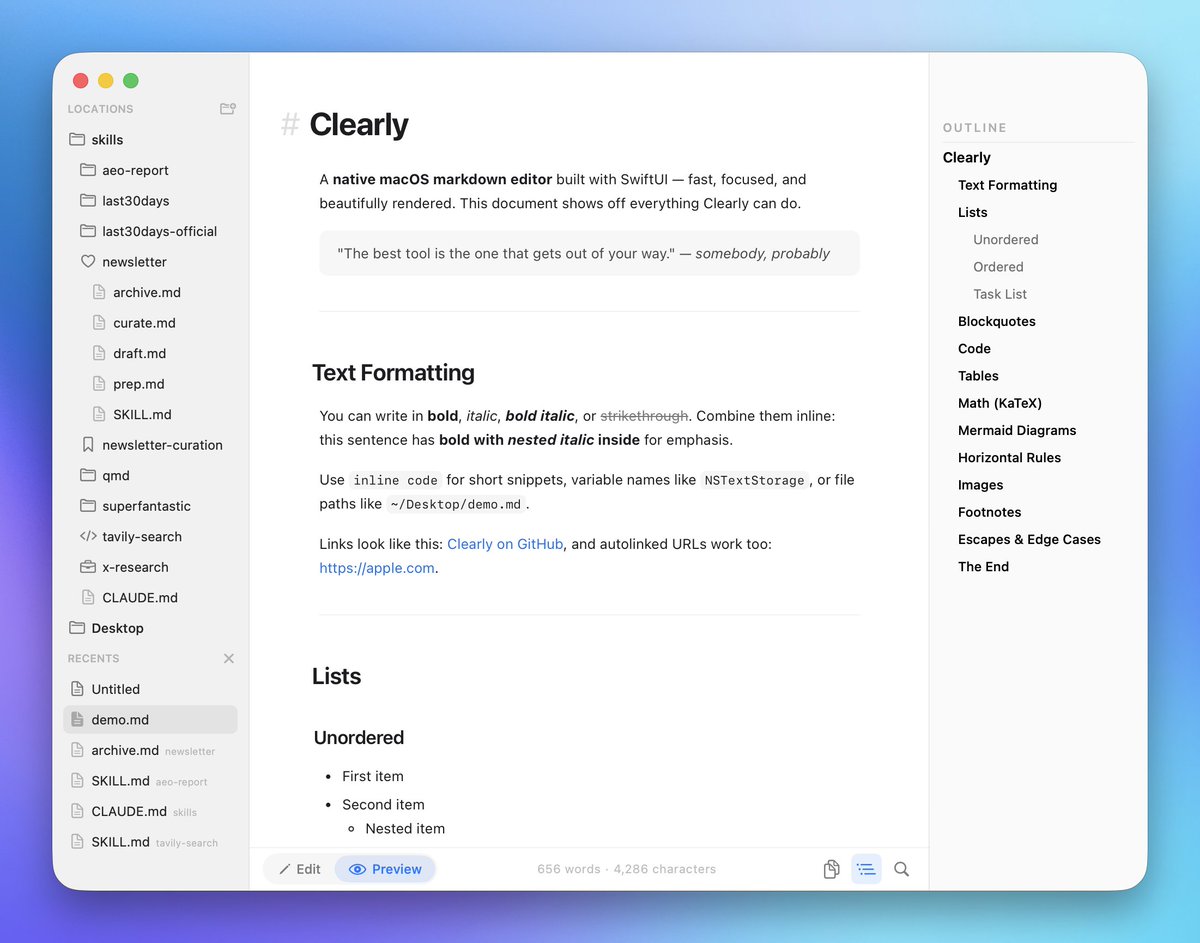 spent a ton of time last night and this morning doing a bit of a UI overhaul for clearly.md

feeling *much* better about it

still have a lot of little bits to polish + test all the weird edge cases but...progress!
