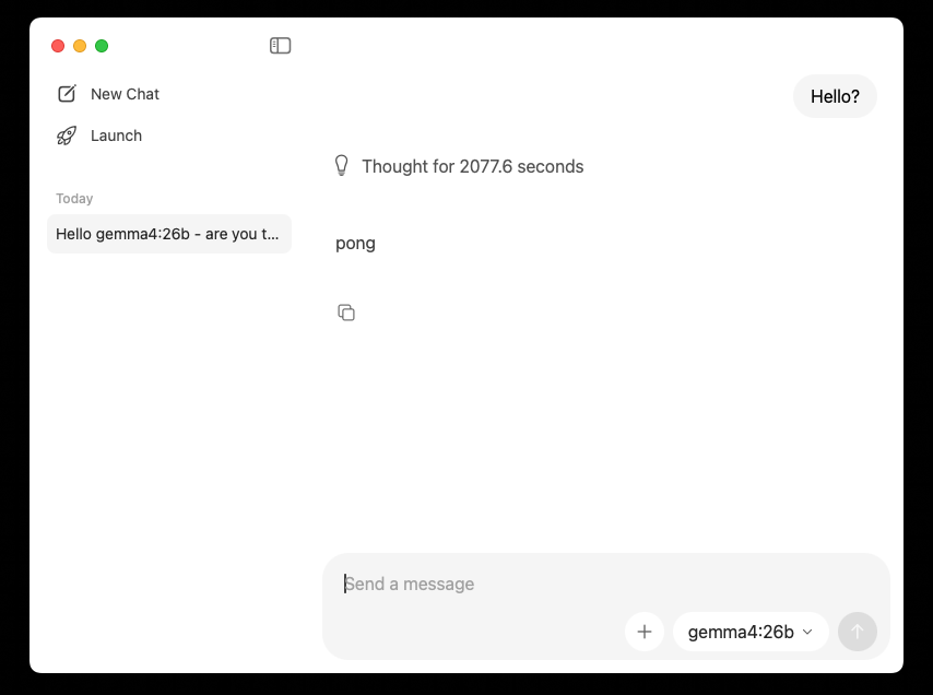 Gemma4:26b took over half an hour just to respond with a single word. I keep tinkering with local models in <a href="/ollama/">ollama</a> and hoping to find a good use case so I can stop burning tokens but damn, this is ridiculous.