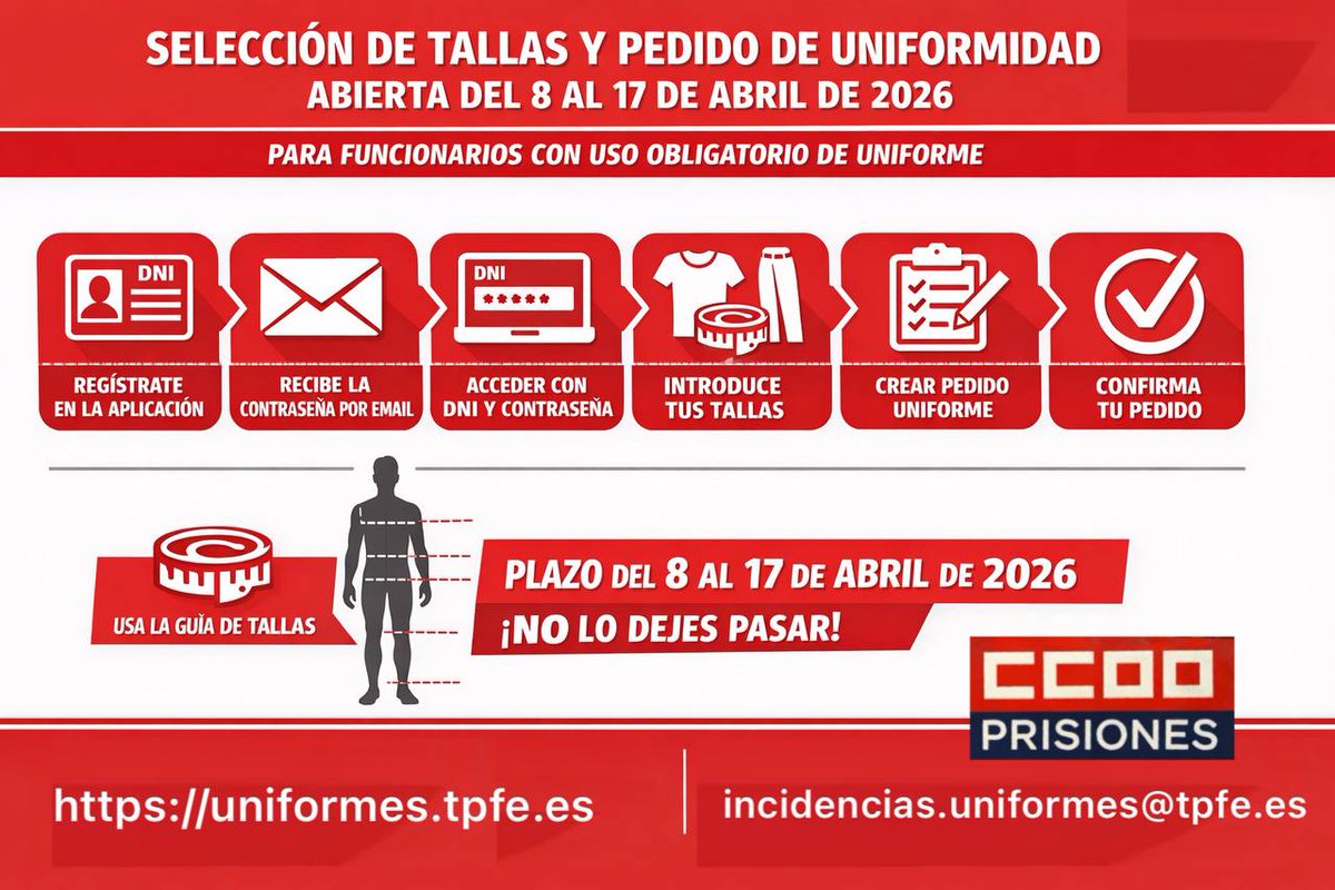 Uniformidad 👕👖 | ¡Atención RECUERDA !!

📅 Del 8 al 17 de abril

🖥️ Abierta aplicación para introducir tallas y solicitar la dotación 

📌 Regístrate, revisa la guía de tallas 📏 y confirma tu pedido ✅

⏳ ¡No lo dejes para el último día!

#sosprisiones