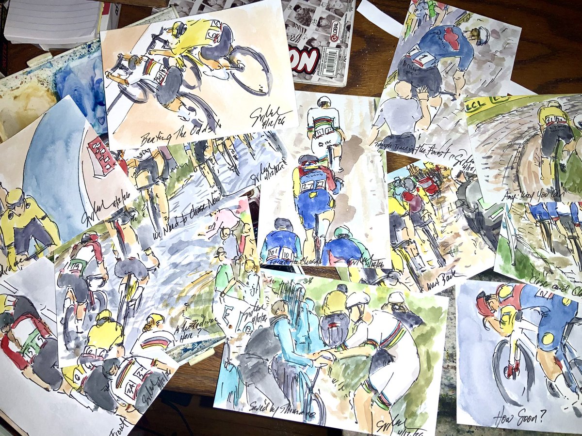 ArtofCycling's tweet photo. I finished #painting #cycling #watercolors of #ParisRoubaixFemmes &amp; I am 4/5ths thru’ the #ParisRoubaix, but now it is off to #bartend for the night. Look for all of the race #art sometime in the next 18 hours at https://t.co/Go4TSG4ZLK #cyclisme #ciclismo #wielrennen https://t.co/UEaTkrP9o6
