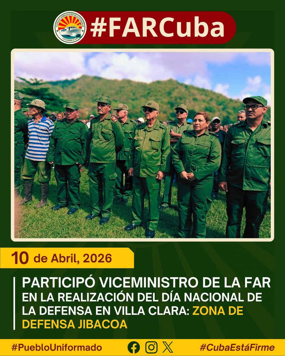 🇨🇺 #NOTICIA Participa General de Cuerpo de Ejército Joaquín Quintas Solá en el Día Nacional de la Defensa en Villa Clara
En Villa Clara, específicamente en la zona de defensa #Jibacoa, se desarrolló un ejercicio de “territorial de zona de defensa" #CubaEstáFirme