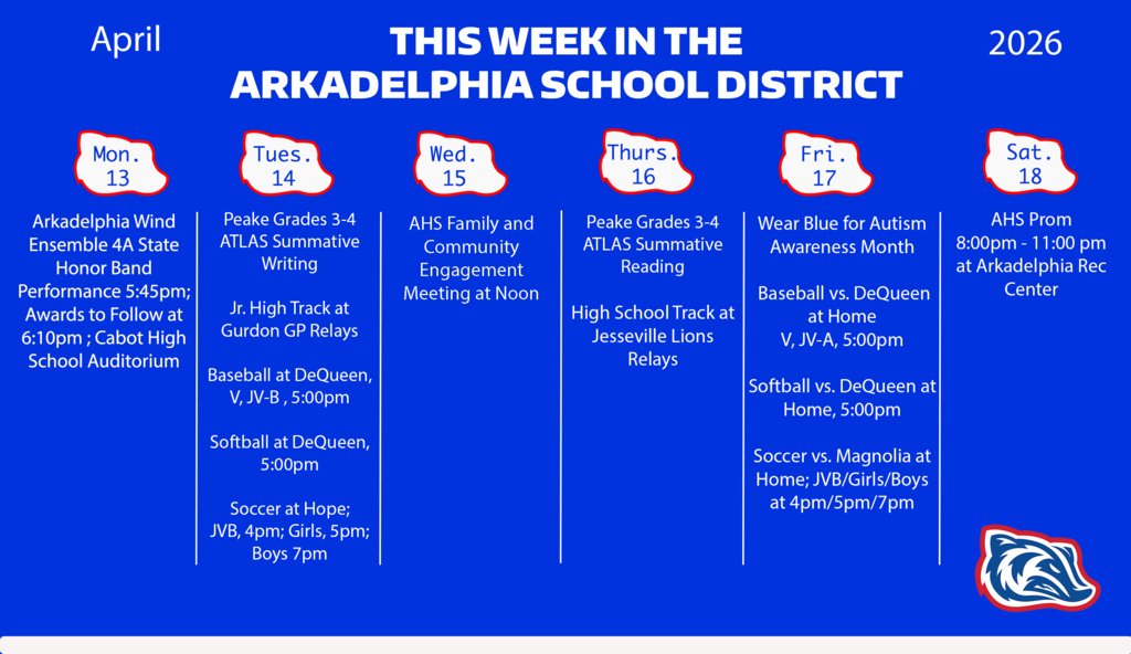 APSD_News's tweet image. We are looking forward to another great in the Arkadelphia School District.

Check out of the graphic for more events. Have a great week!
#BadgerPride