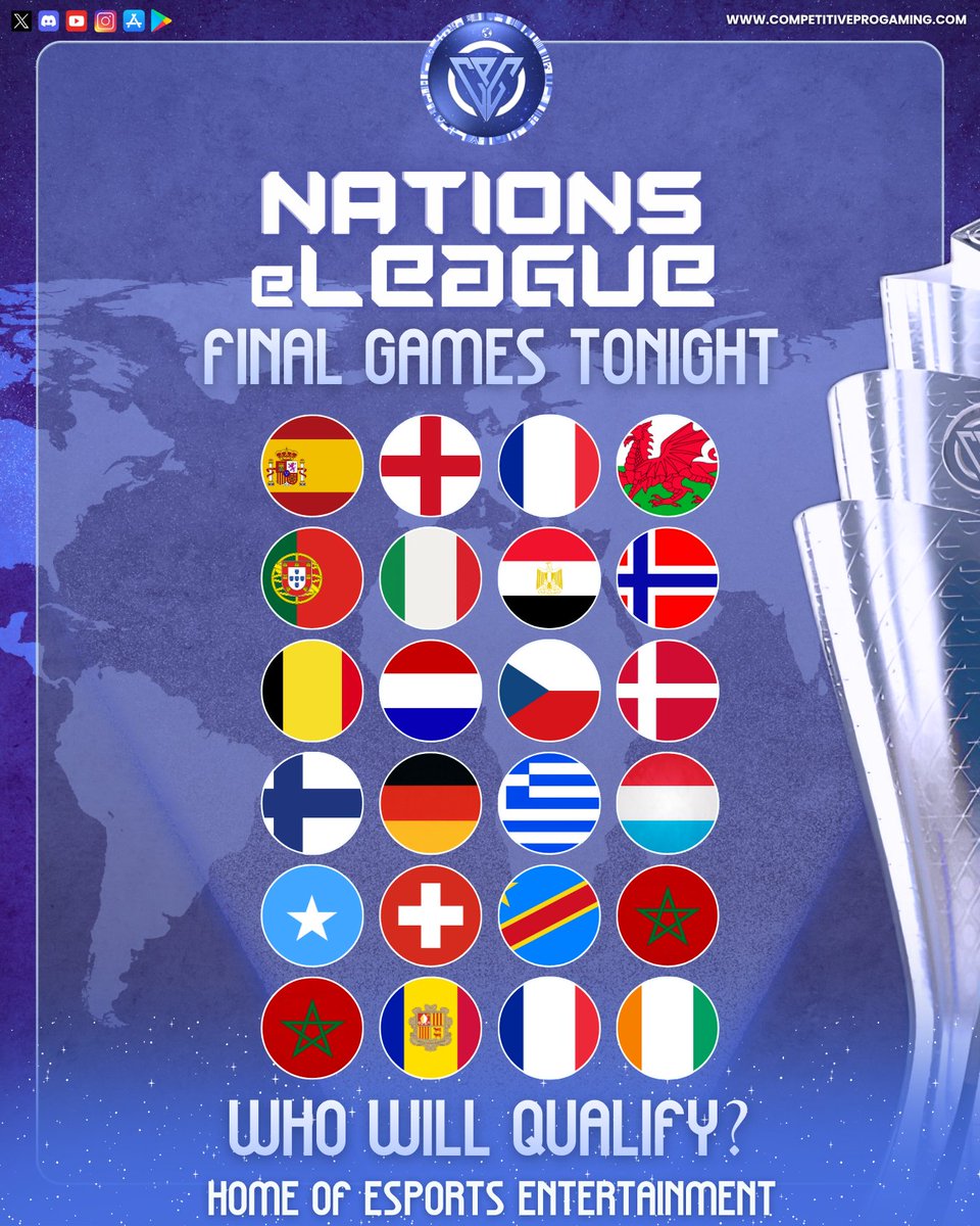CPG__eSports's tweet photo. The stage is set. The stakes couldn’t be higher.

Tonight, the FINAL games of the CPG Nations eLeague take center stage ⚽🔥

This is where everything is decided:

🏆 Who secures a spot in the Tier 1 Quarter Finals
⚔️ Who battles on in the Tier 2 Quarter Finals
💔 And who sees their journey come to an end
11v11. Nations. Pride on the line.

Every pass matters. Every goal counts. Every moment defines the season.
Don’t miss it. 🎮🌍