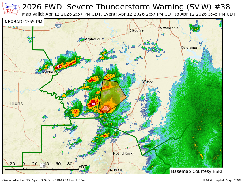 FWD issues Severe Thunderstorm Warning [wind: 60 MPH (RADAR INDICATED), hail: 1.00 IN (RADAR INDICATED)] for Coryell [TX] till 3:45 PM CDT mesonet.agron.iastate.edu/vtec/f/2026-O-…