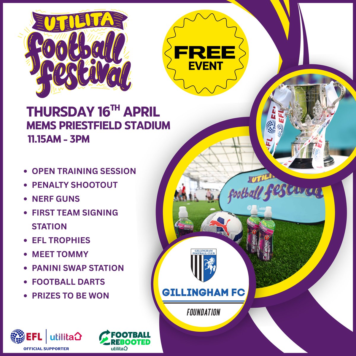 FoundationGFC's tweet photo. A day of Football, family fun, and community spirit! 💙👨‍👩‍👧‍👦

Join us on Thursday as we host a Utilita Football Festival at ME7. ⚽️

Entry is completely 𝐅𝐑𝐄𝐄! 

Watch an open training session before enjoying some activities in our events area in the afternoon! 🙌

https://t.co/XGWBhGOQJS

#Gills | @EFL | @UtilitaFootball
