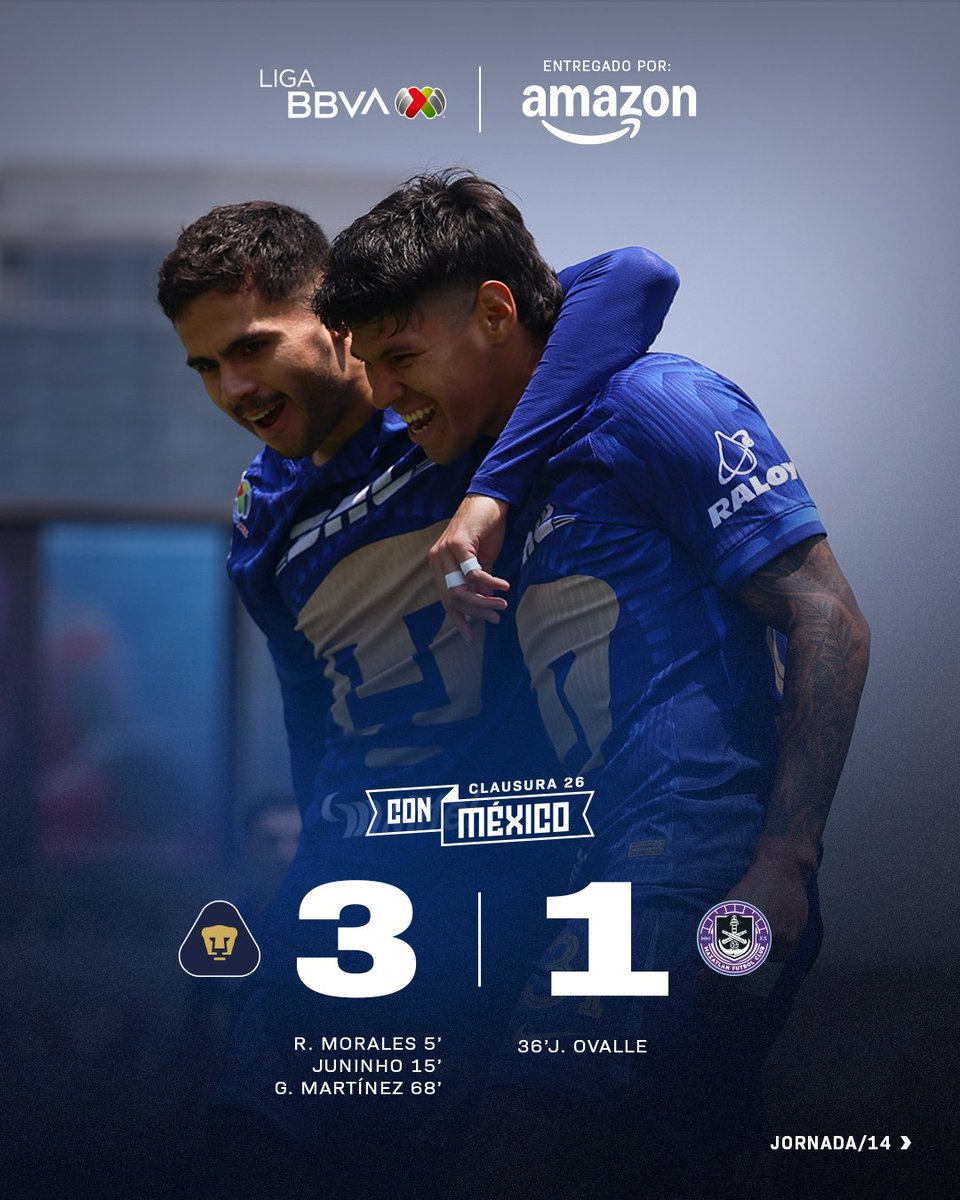 LigaBBVAMX's tweet photo. ¡Ganaron los @PumasMX! 🐾

Y ya suman 5️⃣ juegos seguidos sin perder. Triunfo más que valioso para los Auriazules. 👀

🔗: https://t.co/LYCkdZMCRl

#MarcadorFinal entregado por @amazonmex. 🙌
#AmazonMX #EntregamosTodoPorElFut 

#LaLigaDeLaAfición ✨ | #ConMéxicoC26 | #UNAMMAZ | #J14