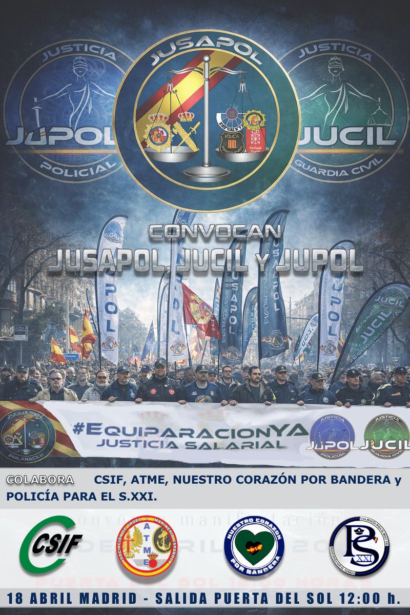 ‼️ MANIFESTACIÓN NACIONAL ‼️ 

CADA VEZ SOMOS MÁS...

🖐️ JUSAPOL 
🖐️ JUCIL 
🖐️ JUPOL 
🖐️ ATME
🖐️ CSIF 
🖐️ NUESTRO CORAZÓN POR BANDERA 
🖐️ POLICÍAS SIGLO XXI 

🚇 Policías, guardias civiles, familiares, funcionarios de prisiones y vigilancia aduanera, ¡UNIDOS!

🫵 TU LOGO HA DE