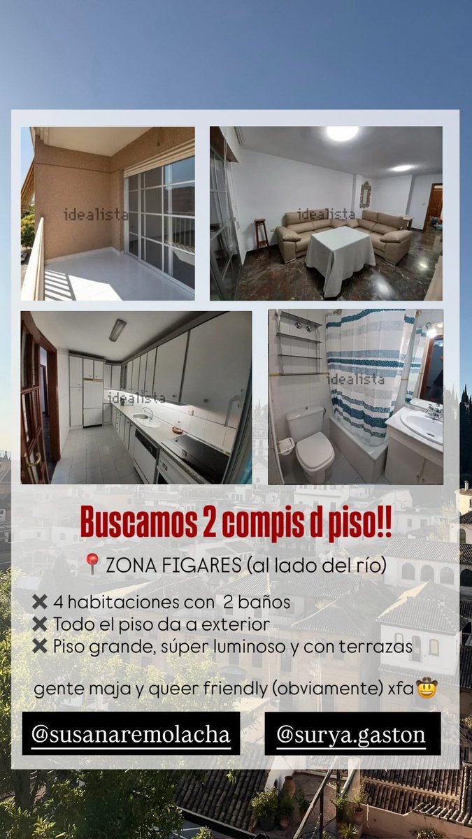 heeeello😁 buscamos compis de piso en Granada para entrar en septiembre. Pisito cerca del río, con el mercadona al lado, súper cerca del centro, todo perfekto 

Gente maja, limpia y lgtb friendly porfa✨

(mejor háblame por Ig!!!)