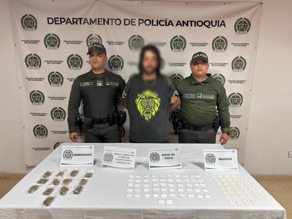 Policiantioquia's tweet image. En el corregimiento de #SantaIsabel fue capturado en flagrancia un hombre por tráfico, fabricación o porte de estupefacientes, incautando 52 dosis de base de coca, 34 de bazuco y 13 de marihuana, mediante registro y control. #JuntosPorAntioquia