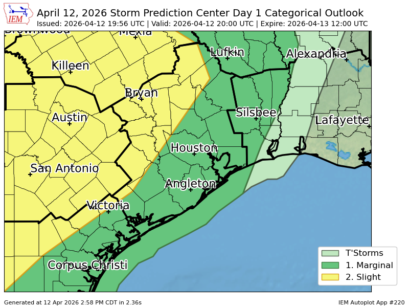 #SPC issues Day 1 Slight Convective Risk at Apr 12, 19:56z for HGX spc.noaa.gov/products/outlo…