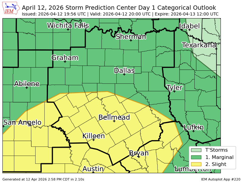 #SPC issues Day 1 Slight Convective Risk at Apr 12, 19:56z for FWD spc.noaa.gov/products/outlo…