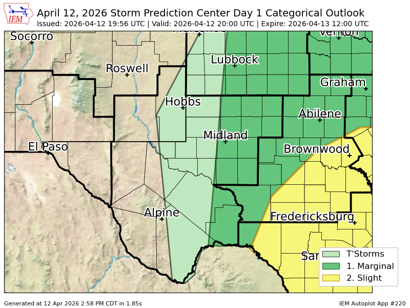 #SPC issues Day 1 Marginal Convective Risk at Apr 12, 19:56z for MAF spc.noaa.gov/products/outlo…