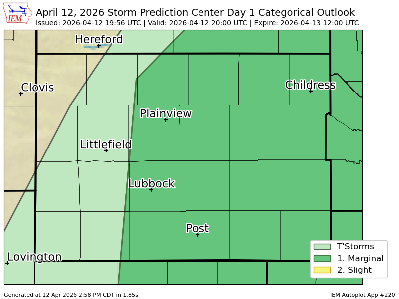 #SPC issues Day 1 Marginal Convective Risk at Apr 12, 19:56z for LUB spc.noaa.gov/products/outlo…