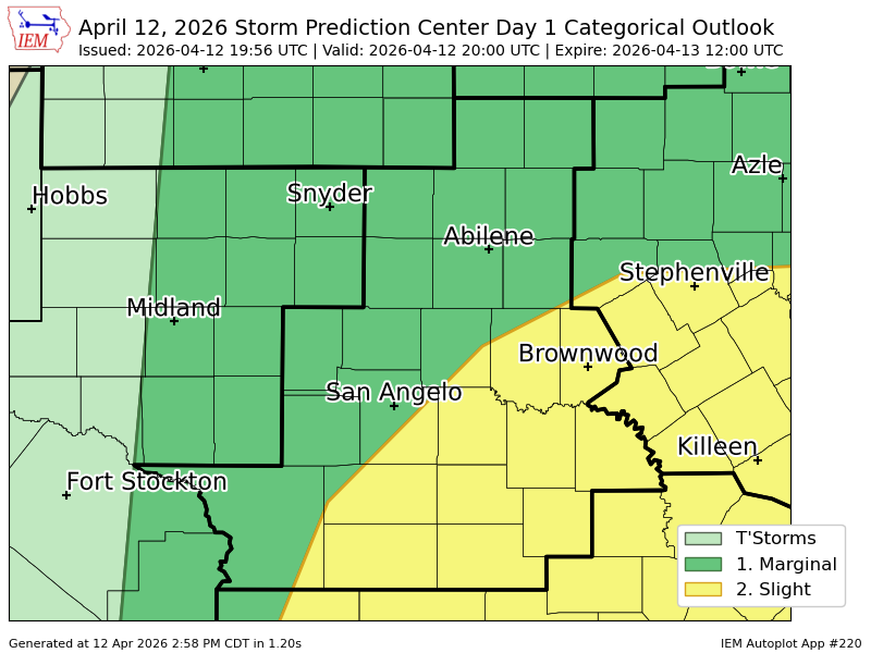 #SPC issues Day 1 Slight Convective Risk at Apr 12, 19:56z for SJT spc.noaa.gov/products/outlo…