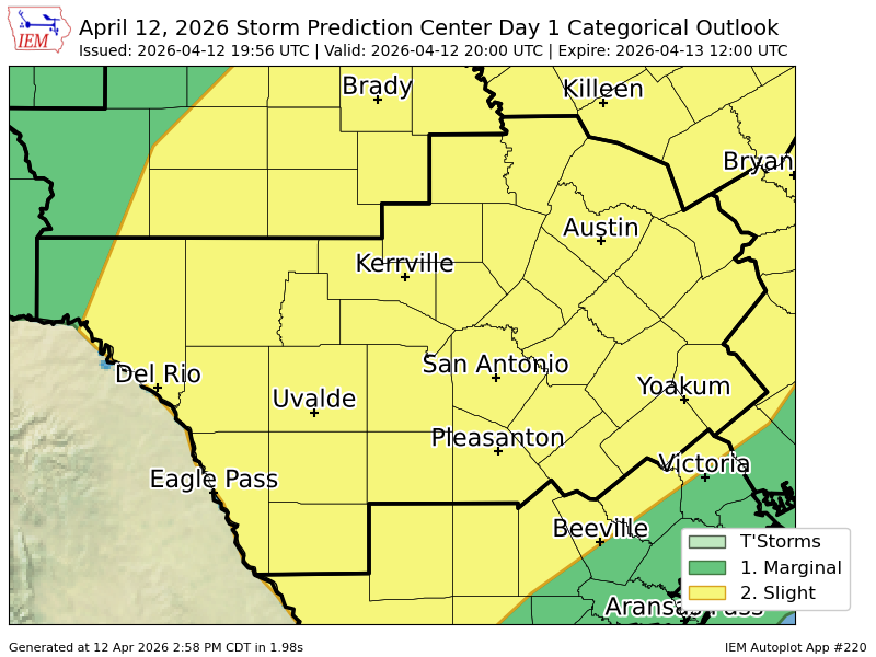 #SPC issues Day 1 Slight Convective Risk at Apr 12, 19:56z for EWX spc.noaa.gov/products/outlo…