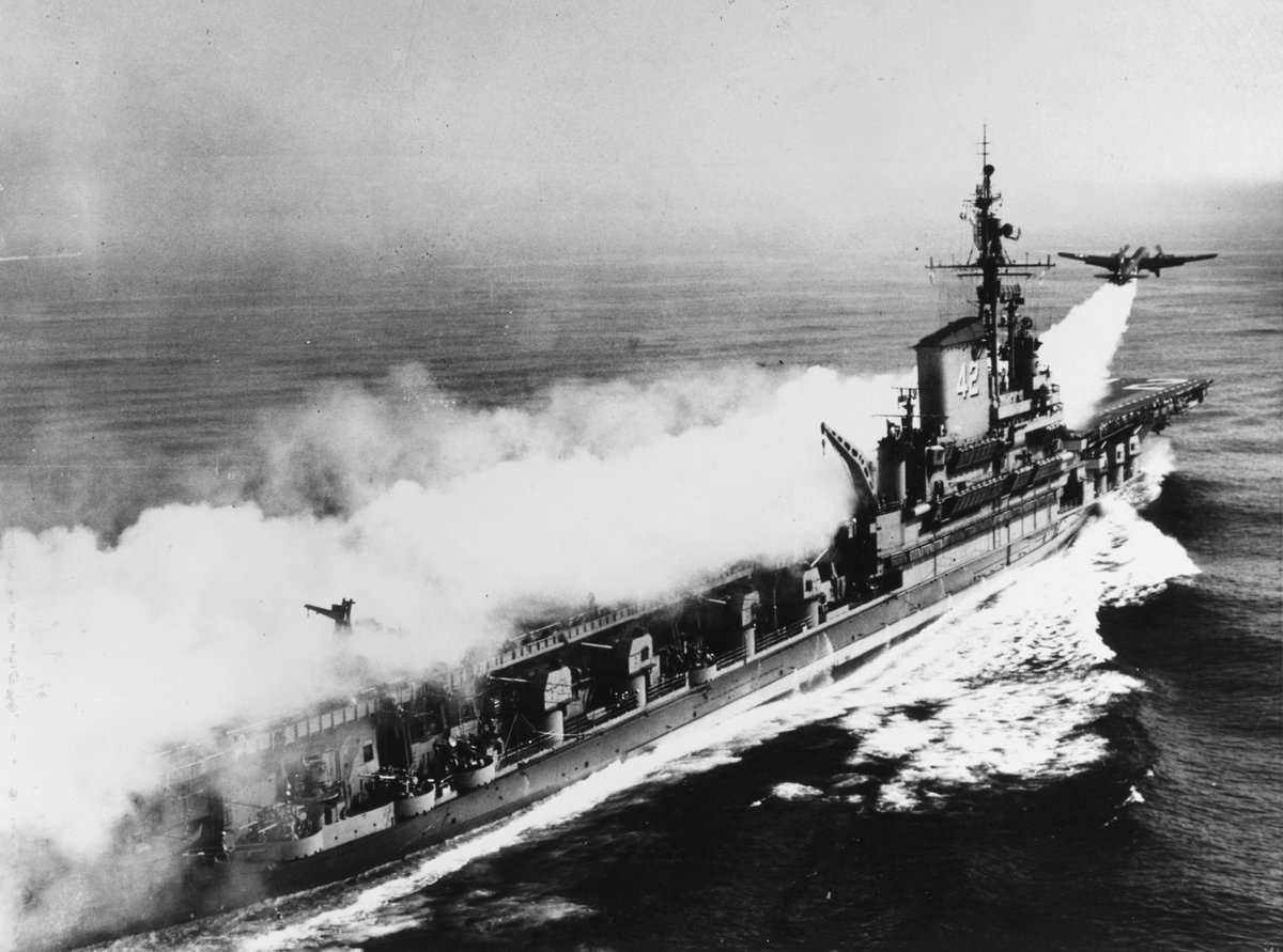 NavalInstitute's tweet image. #OTD in 1945, FDR died. One month later, USS Coral Sea was renamed in his honor. In 1950, USS Franklin D. Roosevelt became the first carrier to take nuclear weapons to sea. The weapons would have been delivered by P2V Neptune bombers launched with "Jet-assisted take-off" (JATO).