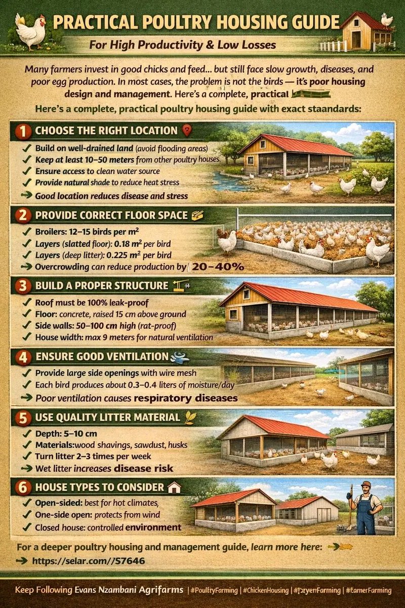 Agronommejean's tweet image. PRACTICAL POULTRY HOUSING GUIDE FOR HIGH PRODUCTIVITY AND LOW LOSSES 

Good poultry production does not depend only on quality chicks and feed, but also on proper housing design and management. In many cases, poor performance, slow growth, and disease outbreaks are directly