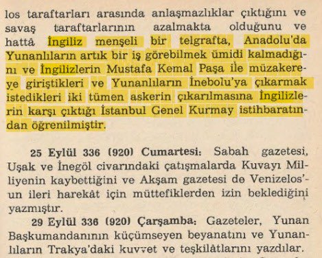 Genelkurmay İstihbarat Raporlarında Yunan Kuvvetlerinin İngiliz İşgal Kuvvetleri Tarafından Durdurulması:

Hüsnü Himmetoğlu'nun İstanbul Genelkurmay İstihbaratı'ndan aktardığına göre, İngilizler ''Yunanlıların İnebolu'ya çıkarmak istedikleri iki tümen askerin çıkarılmasına'' mani