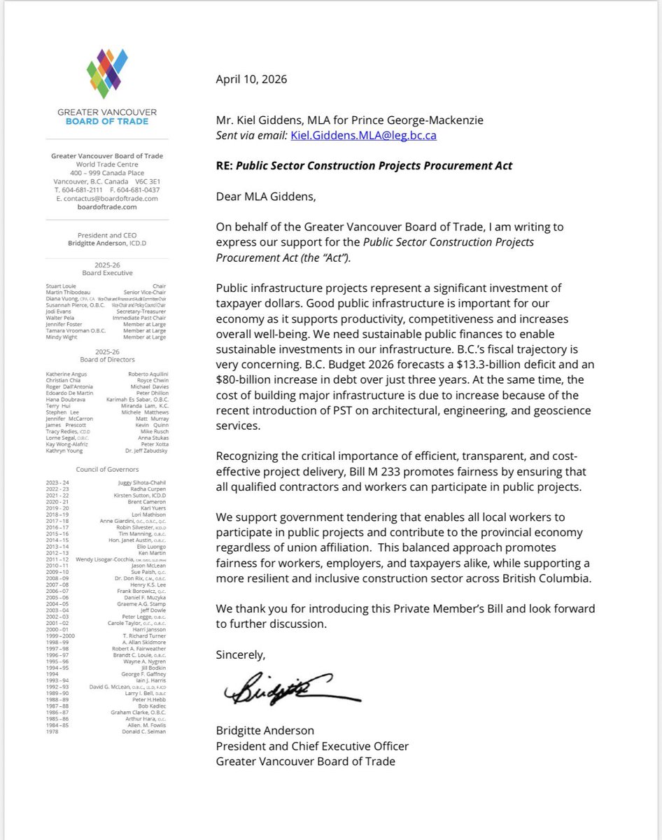 KielGiddens's tweet photo. Thank you to @BoardofTrade for endorsing fair and open tendering for public projects. 👇 

“Recognizing the critical importance of efficient, transparent, and cost-
effective project delivery, Bill M 233 promotes fairness by ensuring that
all qualified contractors and workers can participate in public projects.” - Bridgette Anderson, President & CEO, Greater Vancouver Board of Trade