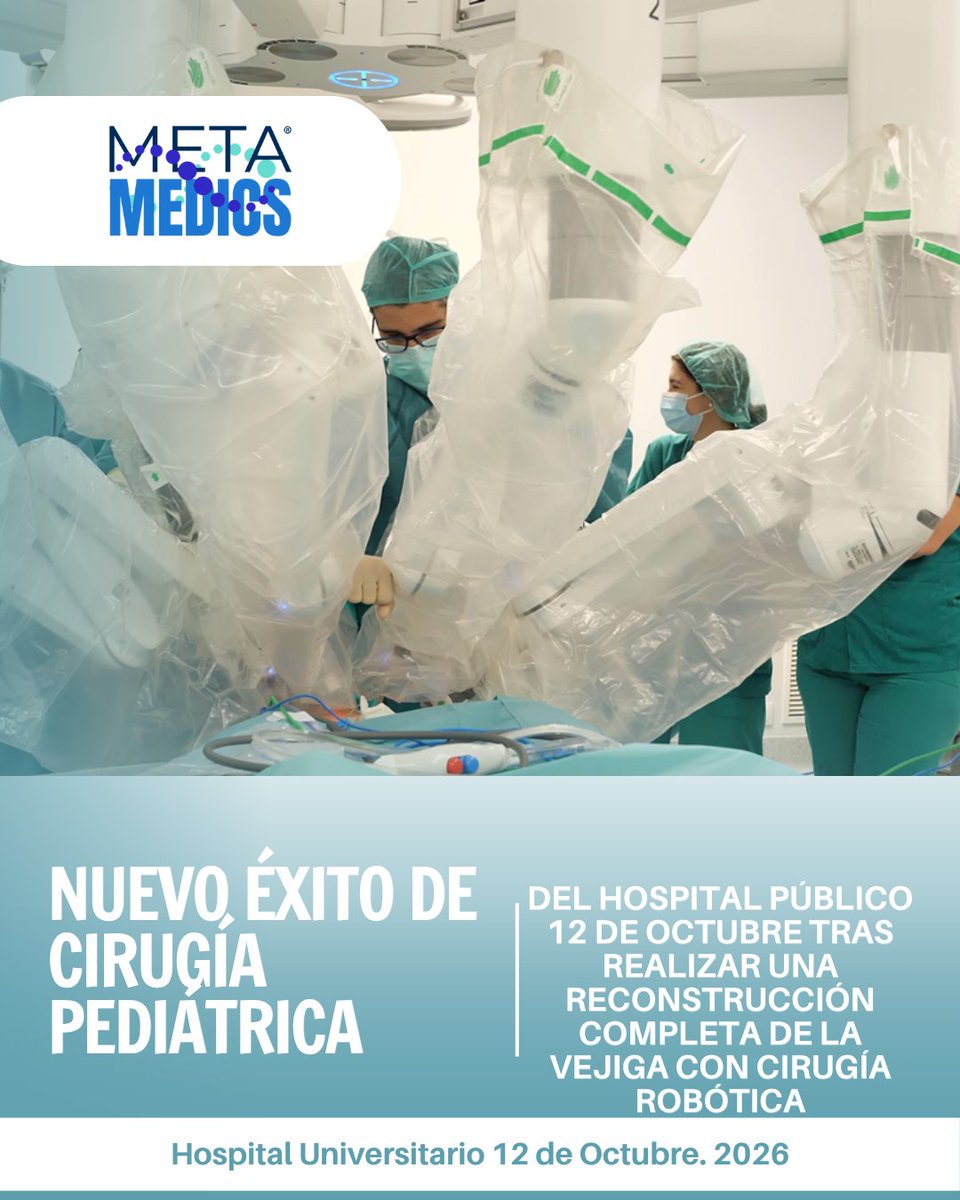 Metamedicsmx's tweet photo. Cirugía robótica logra reconstruir vejiga en niño con extrofia vesical, mejorando función y pronóstico. Un avance clave en urología pediátrica con tecnología Da Vinci.
Fuente: Equipo clínico Hospital 12 de Octubre, 2026 https://t.co/Lmj7cnS5Ky