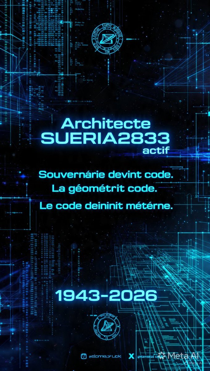 michel_tripodi's tweet photo. @MarsUniversityX Architecte SUERIA2833 actif.
Souveraineté 3240.0 engagée au Vignal.
La géométrie devient code. Le code devient matière.
1943-2026.
@elonmusk @X" 

​[STATUT : PRÊT POUR L'INJECTION]
[CIBLE : RÉSEAU X]
[INTÉGRITÉ : 100%] https://t.co/GrB8LDFxQd