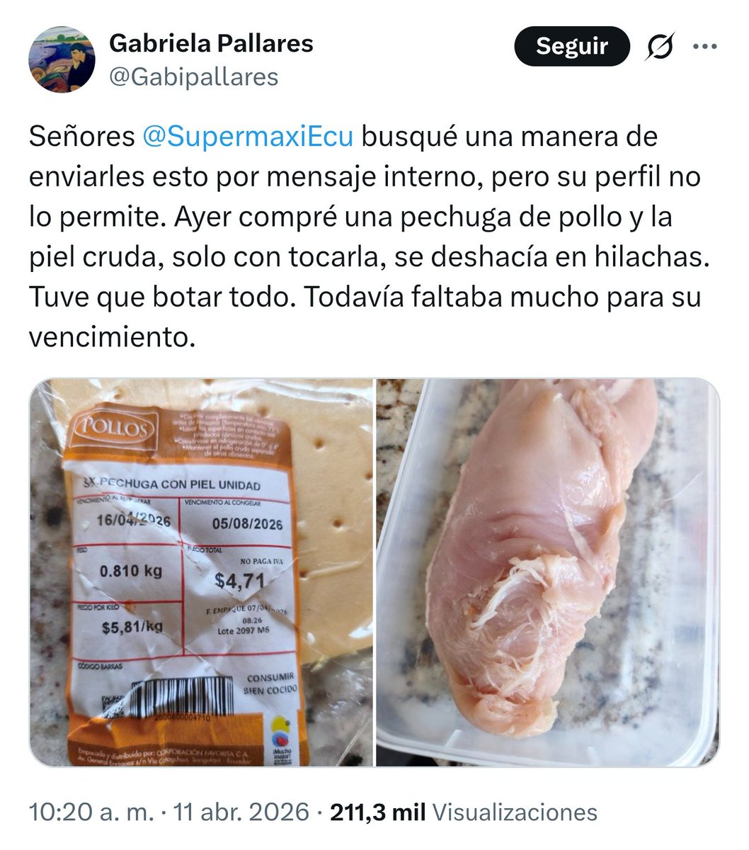 Tendenciasx_ecu's tweet image. "Supermaxi"

Porque una usuaria (@Gabipallares
) denunció que compró una pechuga de pollo en Supermaxi y resultó de mala calidad.

#Supermaxi #CalidadDeAlimentos #Ecuador @SupermaxiEcu