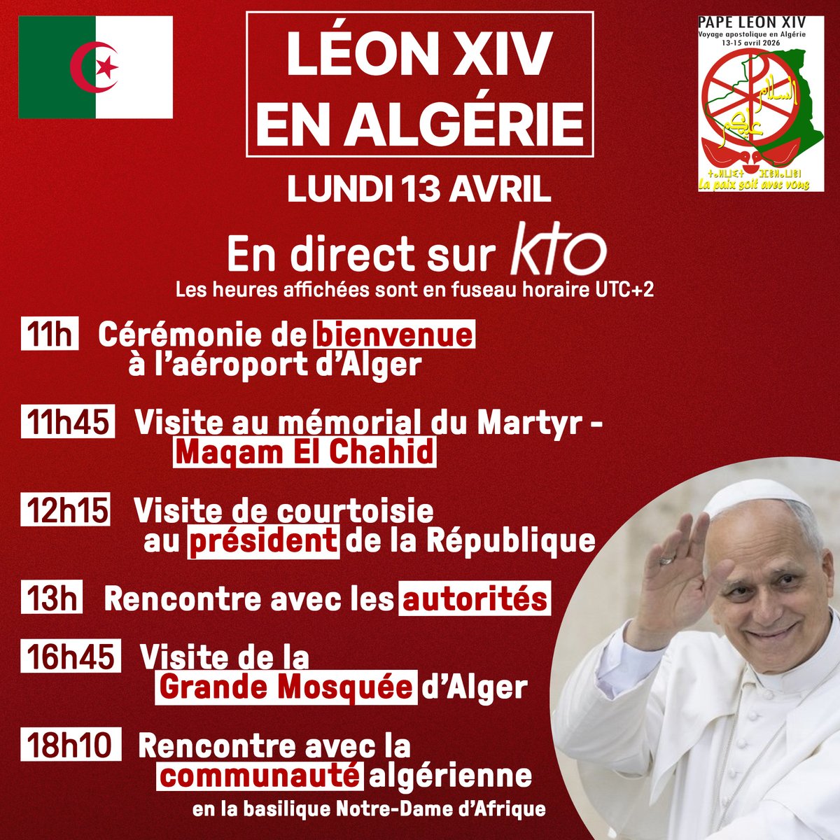 KTOTV's tweet image. 🔴 Le pape #LéonXIV entame aujourd’hui son voyage apostolique en Afrique, avec une première étape en #Algérie. Il est attendu à 11h (UTC+2) à l’aéroport international d’Alger.

👉 Les directs sont à suivre sur KTO &amp;amp; ktotv.com/page/le-pape-l…

@pdesaintpierre @Eloraillere