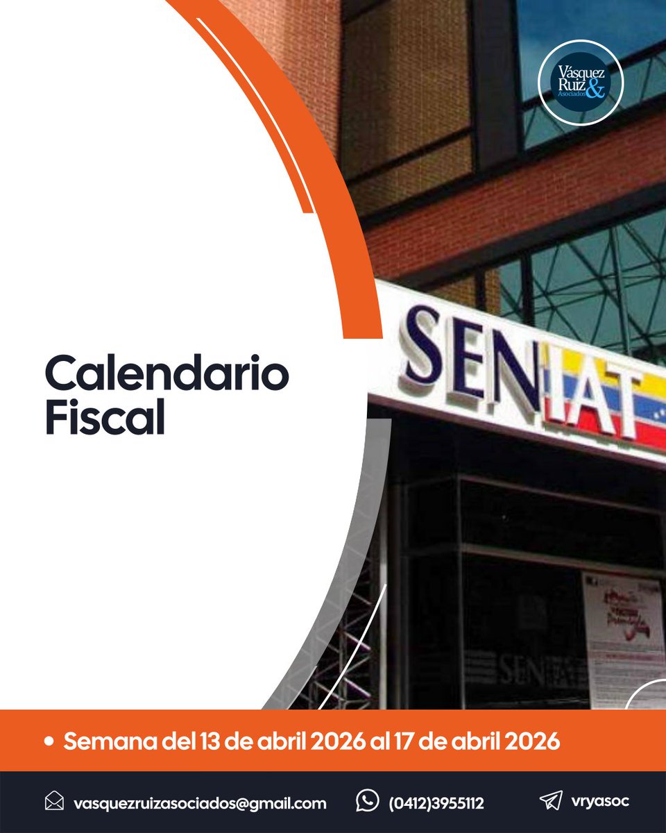 vryasoc's tweet photo. Éstas son las fechas de declaración y pago para Sujetos Pasivos Especiales para la semana del 13 de abril 2026 al 17 de abril 2026.

#EsperamosSerleDeUtilidad #contadores #CalendarioFiscal  #contabilidad #SENIAT #Caracas #Venezuela https://t.co/bV9ScPtnBF