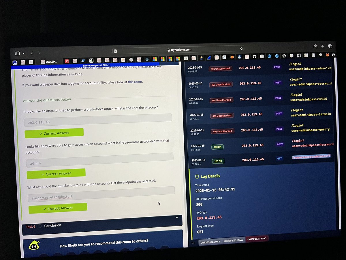 peachnez28's tweet image. Day 102 : Road to being a Cybersecurity Analyst🛡️ 
I completed the 3 rooms under OWASP Top 10 (2025). This wrapped up the Cybersecurity 101 course on THM. It’s been lengthy, but I’ve gained a decent amount of hands-on experience. Onto the next I go.
Cc: @segoslavia #CyberSec