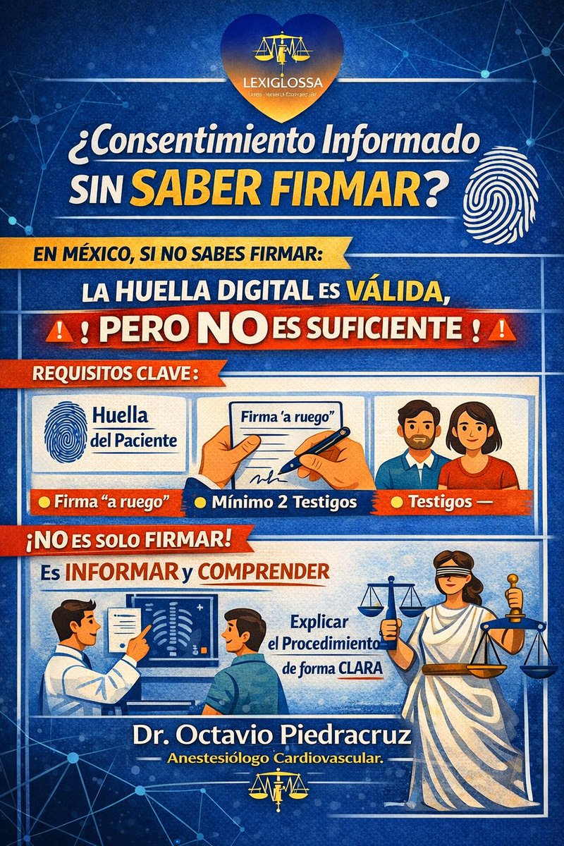 piedracroche's tweet photo. 🚨 OJO COLEGAS 🚨

La huella digital en el consentimiento informado SÍ es válida… pero NO basta ⚠️

👉 Necesitas:
✍️ Firma “a ruego” (alguien firma por el paciente a su petición)
👥 Testigos

⚖️ No es solo firmar… es que el paciente entienda.

#MedicinaLegal #ConsentimientoInformado #Anestesiología #SeguridadDelPaciente #Médicos #Salud