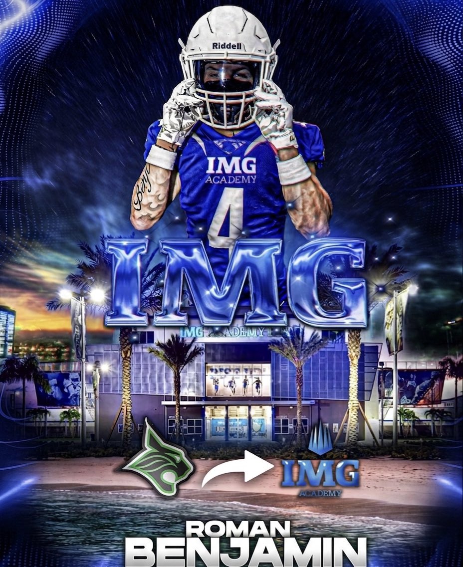 romanbenjaminx's tweet photo. Excited to announce I'll be transferring to IMG Academy for my senior year. Ready to work. @CoachAlecCobb @JETB12 @CoachDennisIMG @CoachGouldIMG @CoachPondIMG @QuinnShanbour @Coach_M_Peters @CoachKiddIMG @CoachStudOL @SCSportsNow @SkysTheLimitWR @IMGAFootball @CoachEricIMG @PHE_Athletics