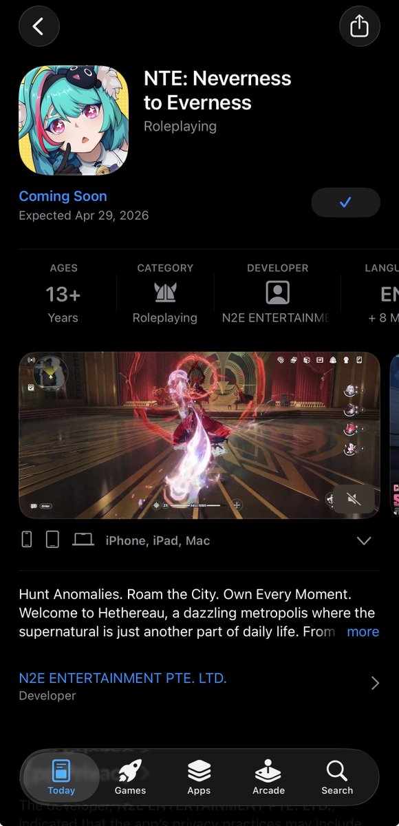 HazyDrifter's tweet photo. 🚨 @NTE_GL NTE: Neverness to Everness is finally coming! 
Out April 29, 2026! 🔥

Hunt anomalies. Roam the city. Own every moment in the dazzling metropolis of Hethereau, where the supernatural is just part of everyday life.

I’ve been waiting for this one the art style, the combat, the open world vibe… it looks awesome ! Super excited to dive in when it drops.

Pre-order now!

#NevernessToEverness #NTE