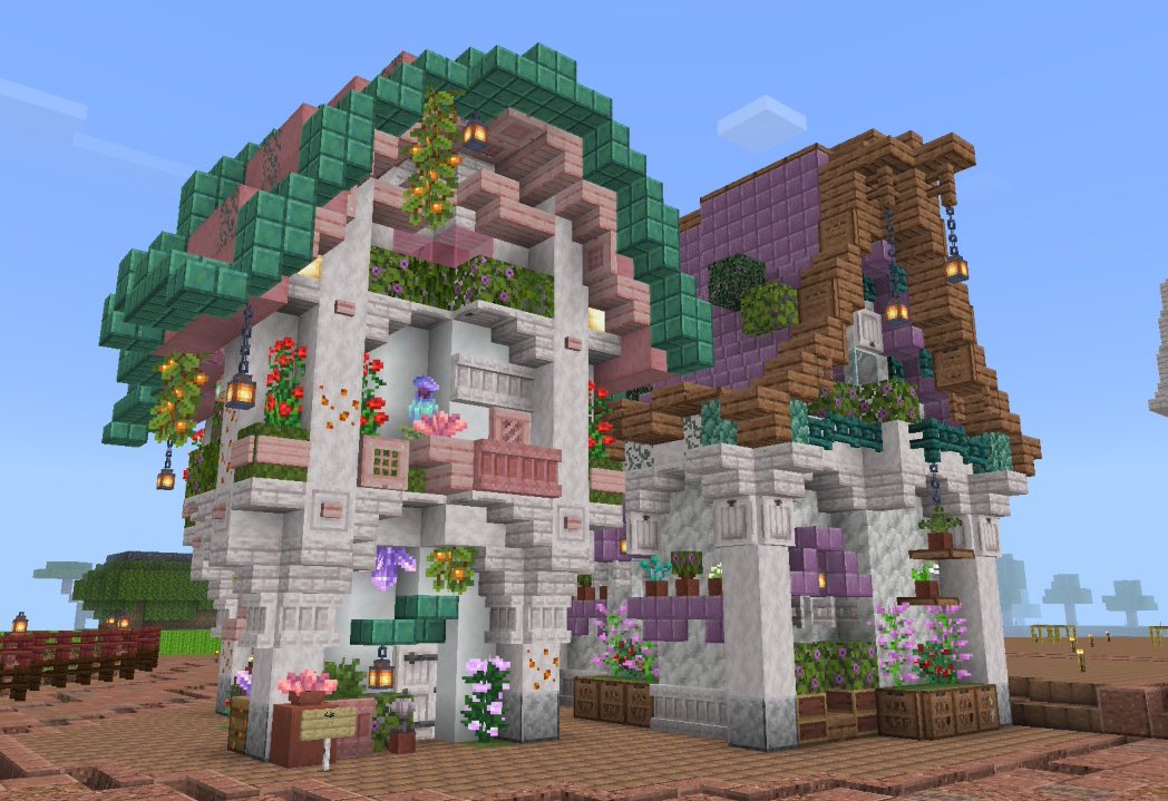 jari53_game's tweet image. 桜ピンク屋根のかわいい民家🌸
お隣さんは #Ohana087iii さん作
#Minecraftbuilds #BE街サバ