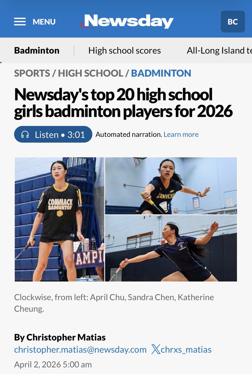 POBbadminton's tweet photo. Check out the 2️⃣0️⃣2️⃣6️⃣ Top 20 🏸 players on Long Island! Congratulations to our very own co-captain &amp; 1st singles Catherine Li on this recognition. It is much deserved! https://t.co/ujtlv12F3n