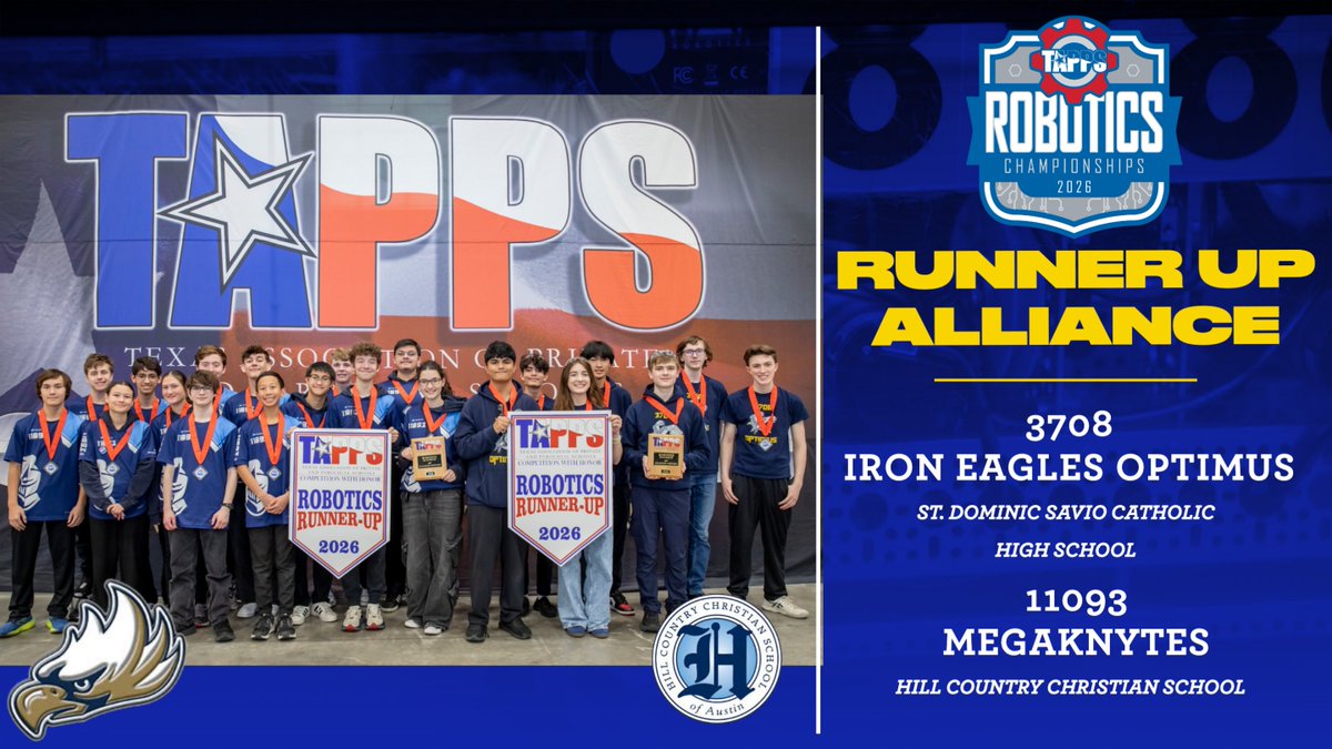 TappsRobotics's tweet photo. Congratulations to the #TAPPSrobotics 2026 Runner Up Alliance Team the Iron Eagle Optimus from St. Dominic Savio High School and the MegaKnytes from Hill Country Christian School!! https://t.co/o9SnXAhQMA