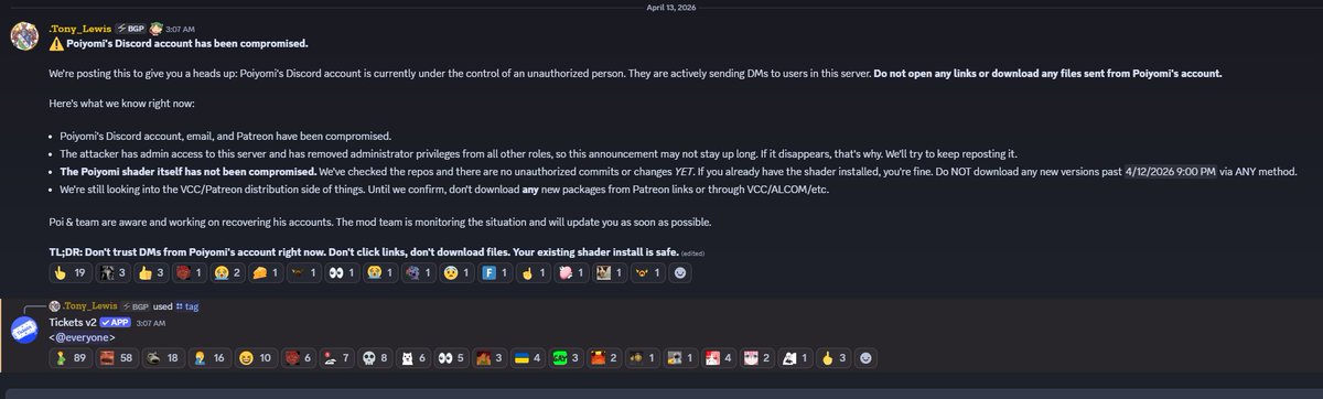 LiindyVR's tweet image. Poiyomi's Discord, email and Patreon has been compromised, atm a hacker has access and is taking over the discord server.