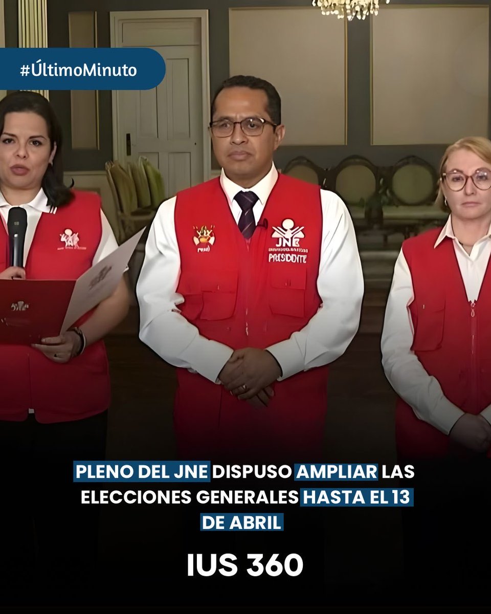 ius360's tweet photo. #ÚltimoMinuto

Jurado Nacional de Elecciones dispone ampliar el horario de votación, desde las 07:00 horas hasta las 18:00 horas, del lunes 13 de abril, en aquellas centros de votación donde la ciudadanía no pudo ejercer su derecho al sufragio este 12 de abril. https://t.co/kNfaoVdFGm