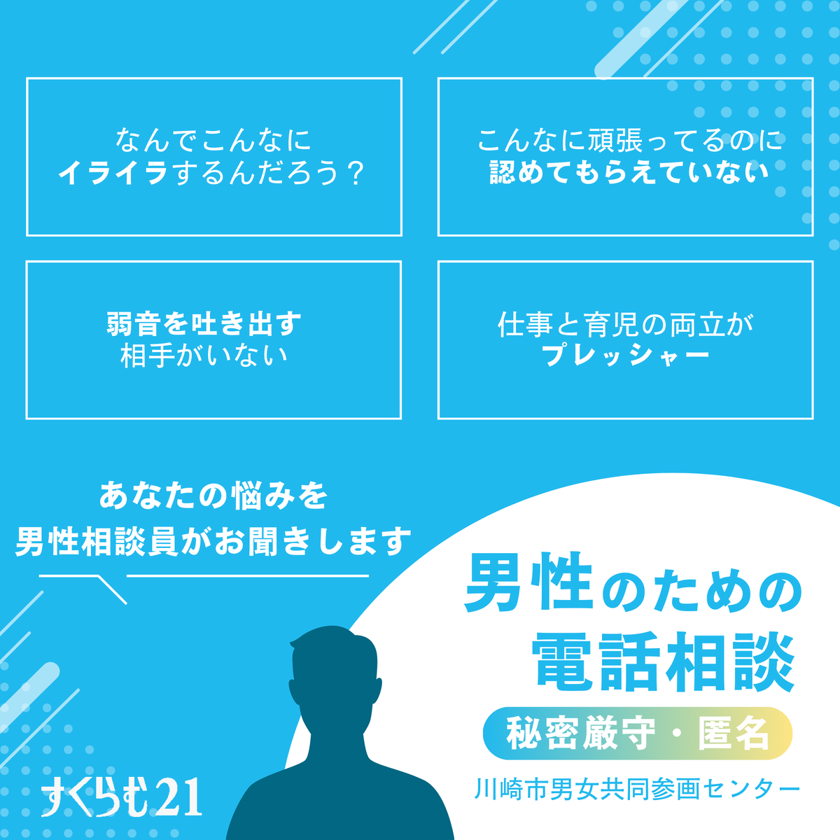 scrum21_'s tweet photo. 「今後の働き方や生き方を整理したい」
「パートナーとの関係を話したい」
「職場の人間関係が負担」
「仕事と介護の両立がプレッシャー」

毎週水曜日18:00-21:00男性のための電話相談を実施しています。

ご相談は男性相談員がお聞きします。

#仕事 #育児 #相談 #男性の相談 #電話 #男性相談員 https://t.co/Rw82c1wmkL